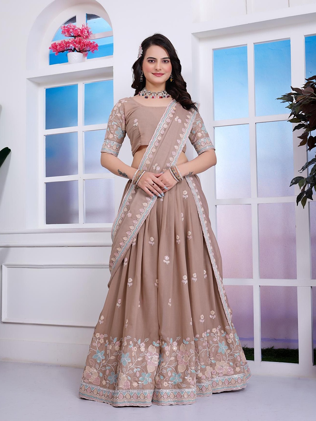 

VAIRAGEE Embroidered Sequinned Ready to Wear Lehenga & Unstitched Blouse With Dupatta, Beige