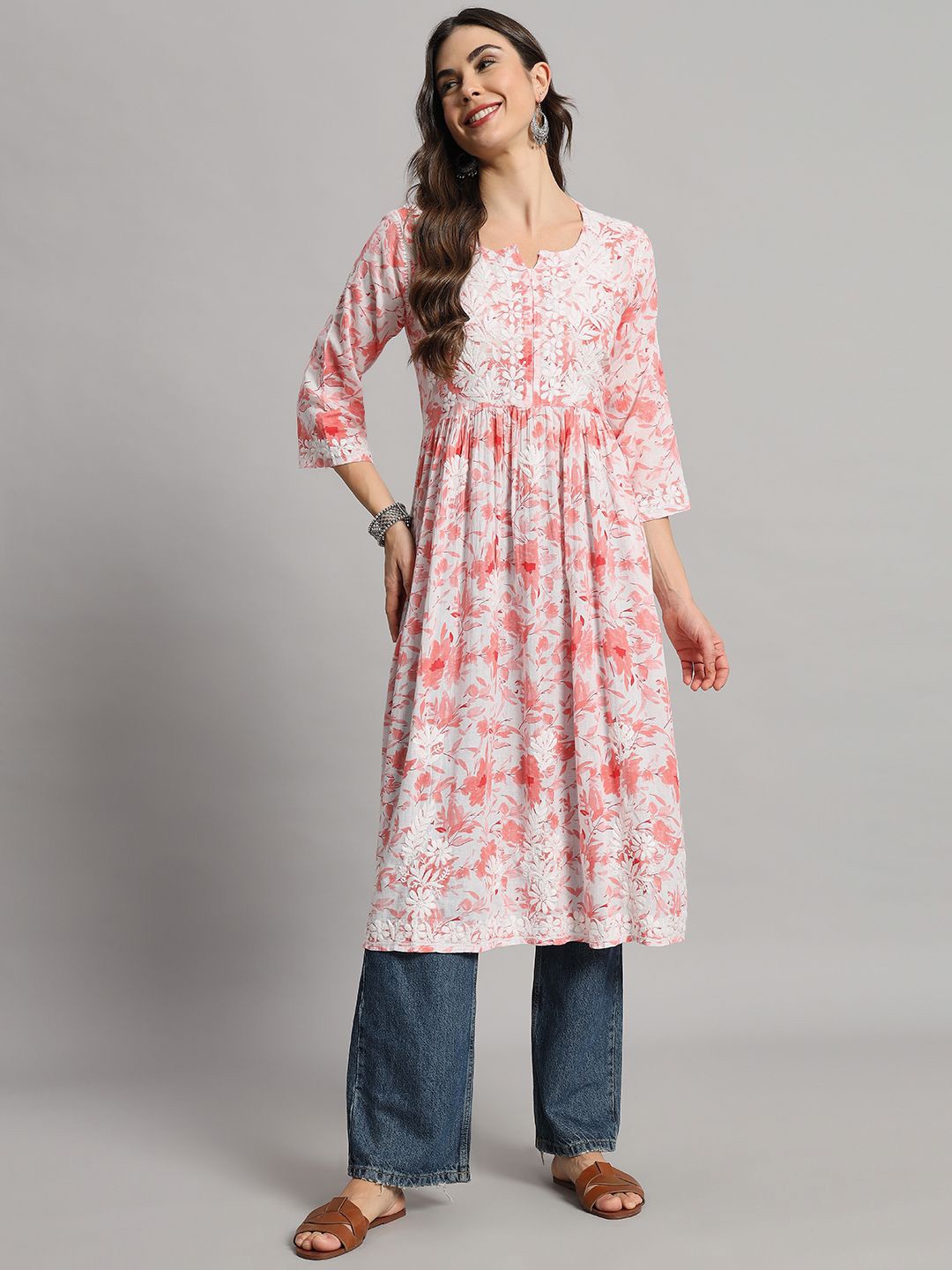 

Fashionable Chikan Handikraft Floral Printed Chikankari Anarkali Kurta, Orange