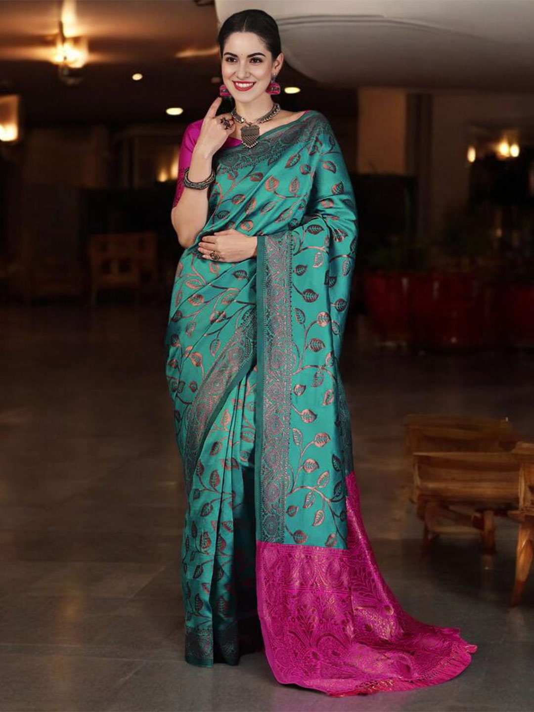 

Mitera Woven Design Zari Silk Blend Banarasi Saree, Teal