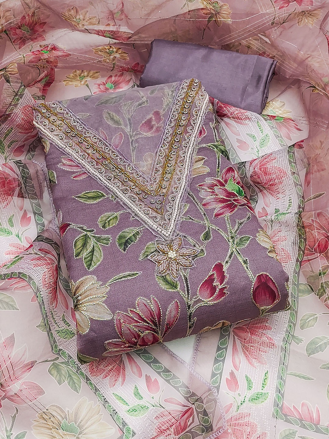 

SHADOW & SAINING Embroidered Organza Semi-Stitched Dress Material, Purple