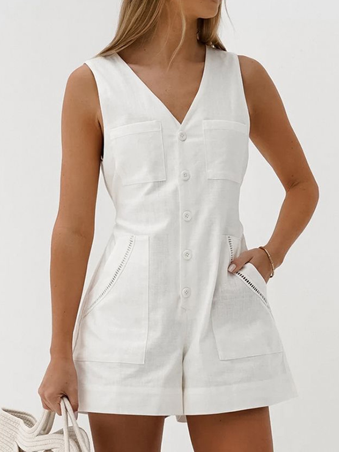 

LULU & SKY Pure Cotton V-Neck Playsuit Jumpsuit, White