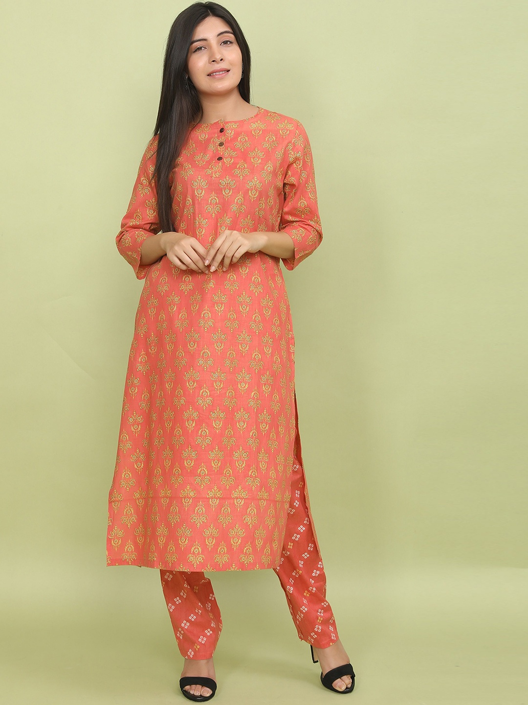 

BABRU Women Ethnic Motifs Printed Regular Pure Cotton Kurta with Trousers, Orange