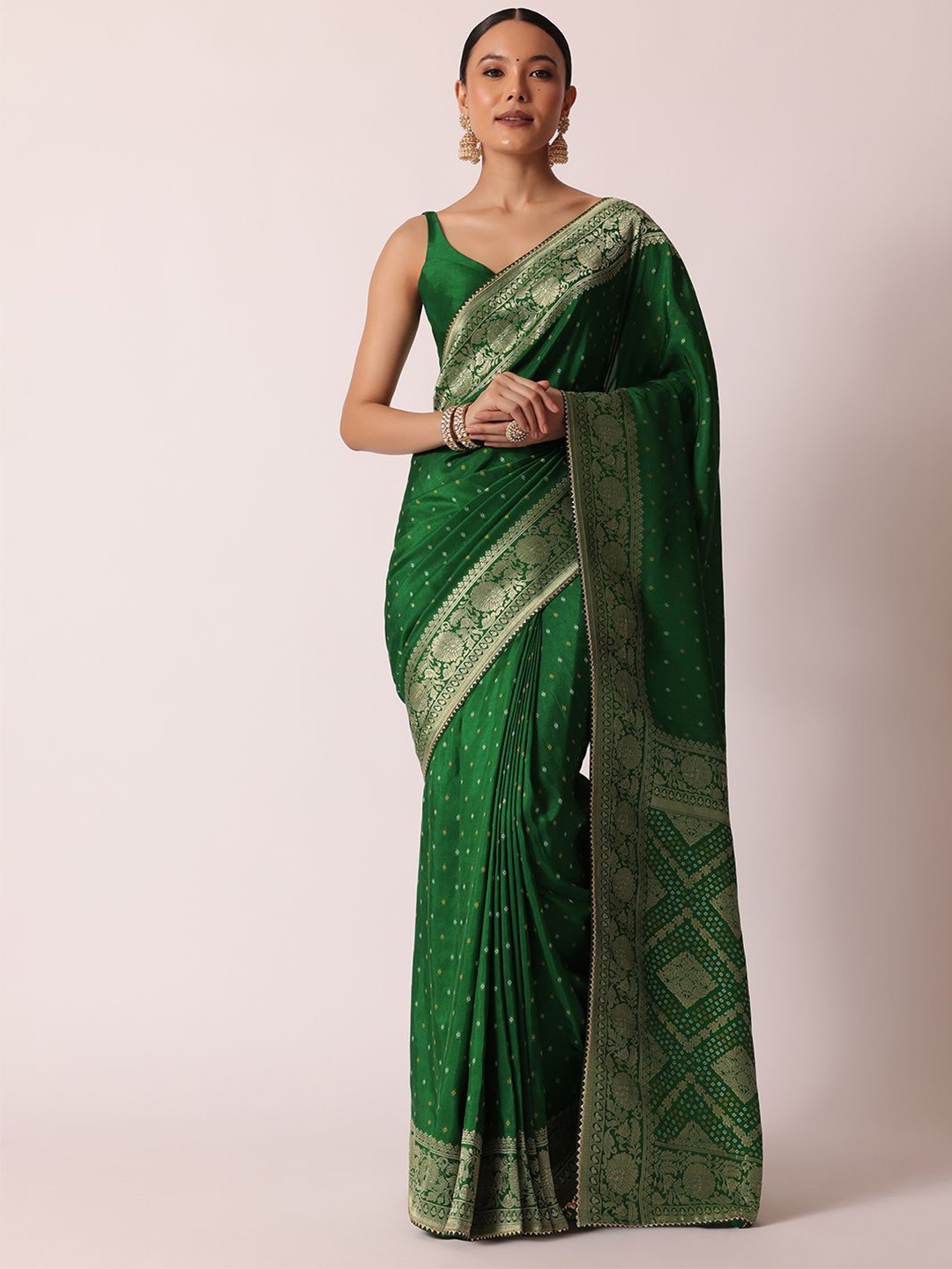 

KALKI Fashion Woven Design Zari Silk Blend Bandhani Ready To Wear Saree, Green
