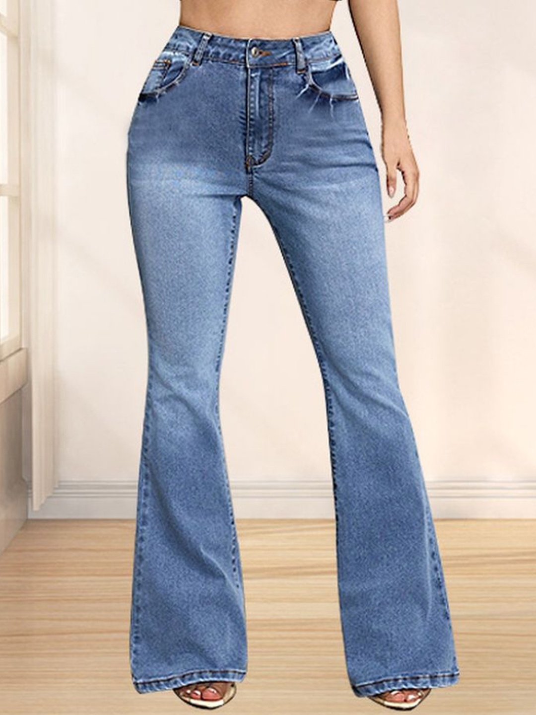 

LULU & SKY Women Flared High-Rise Low Distress Light Fade Jeans, Blue