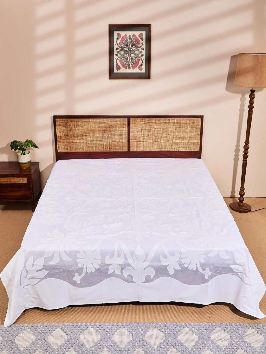 

Fabindia White Printed Cotton Double King Bed Cover
