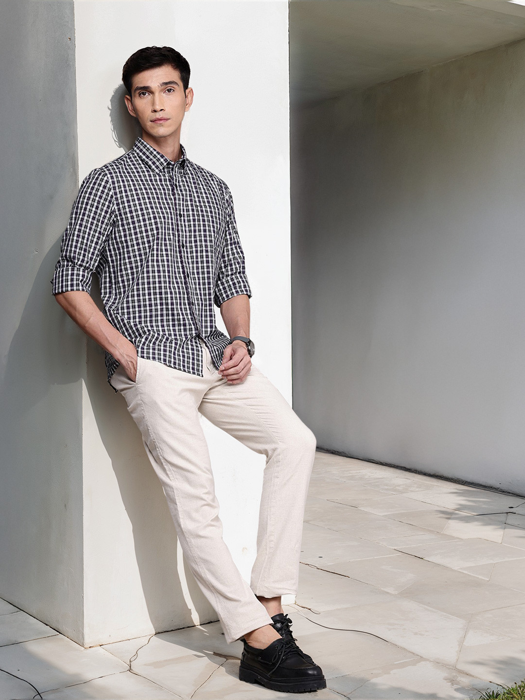 

Nautica Pure Cotton Slim Fit Opaque Checked Casual Shirt, Grey