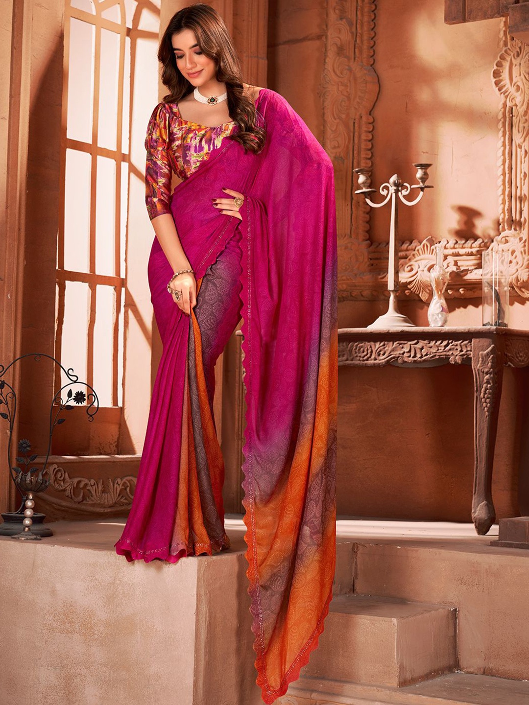 

LeeliPeeri Designer Paisley Poly Chiffon Saree, Pink