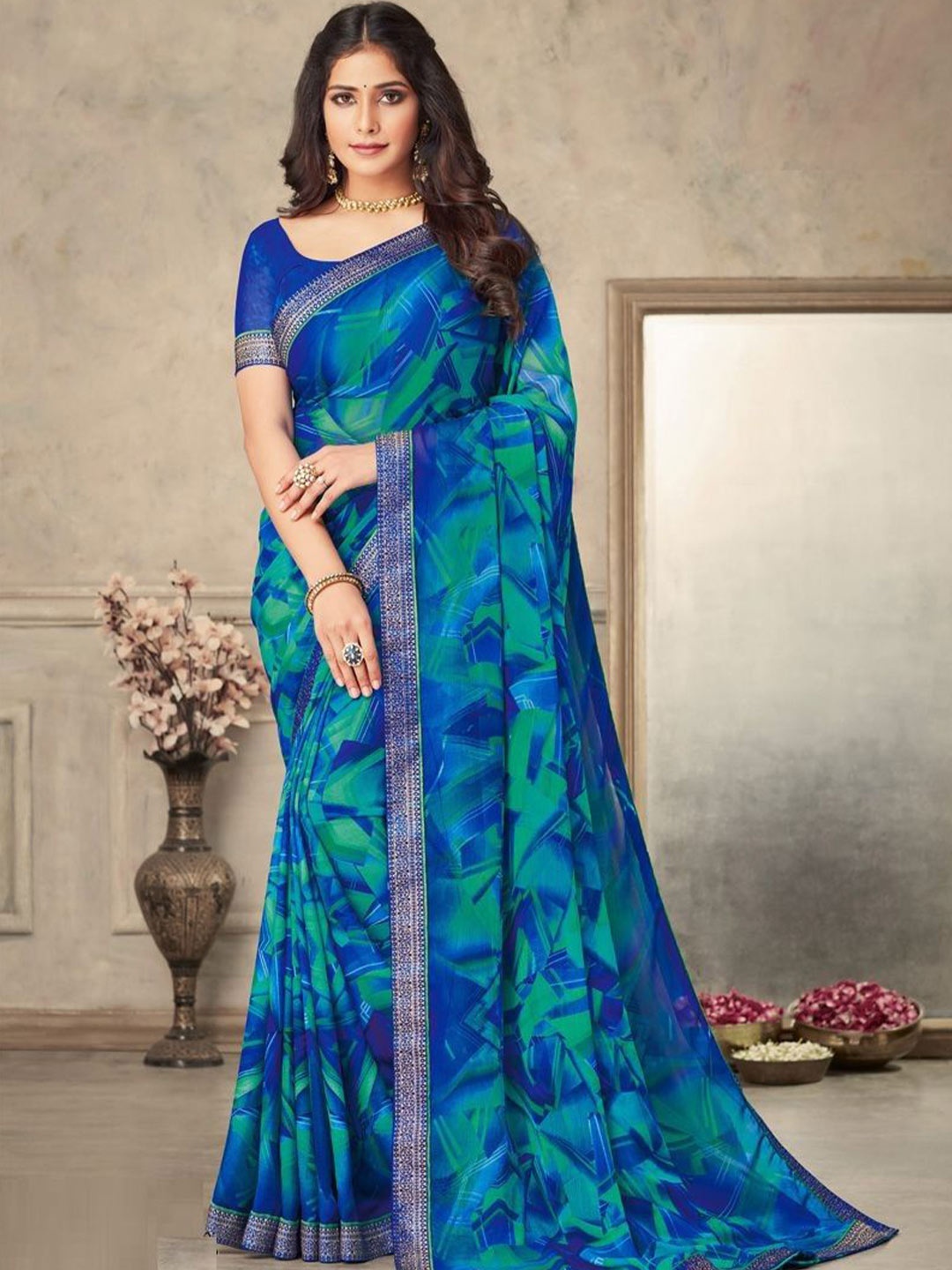 

Styleveda Pure Georgette Block Print Saree, Blue
