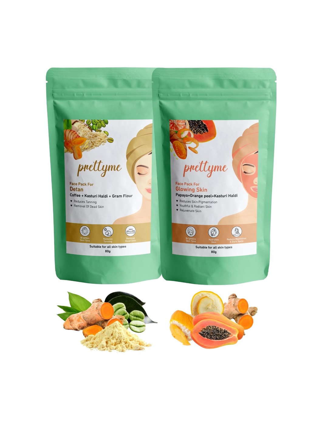 

Prettyme Set Of 2 Coffee Turmeric Orange Peel & Papaya Powder Face Pack - 80 g Each, Cream