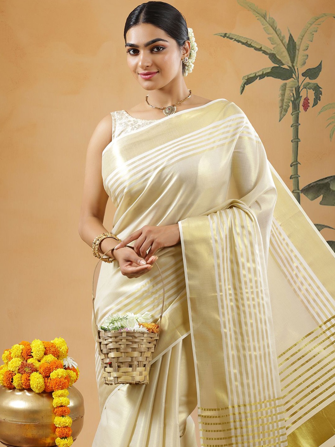 

Kalyan Silks Zari Kasavu Saree, Gold