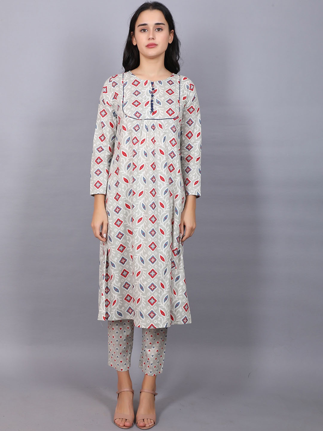 

BABRU Women Ethnic Motifs Printed Regular Pure Cotton Kurta with Trousers, Grey