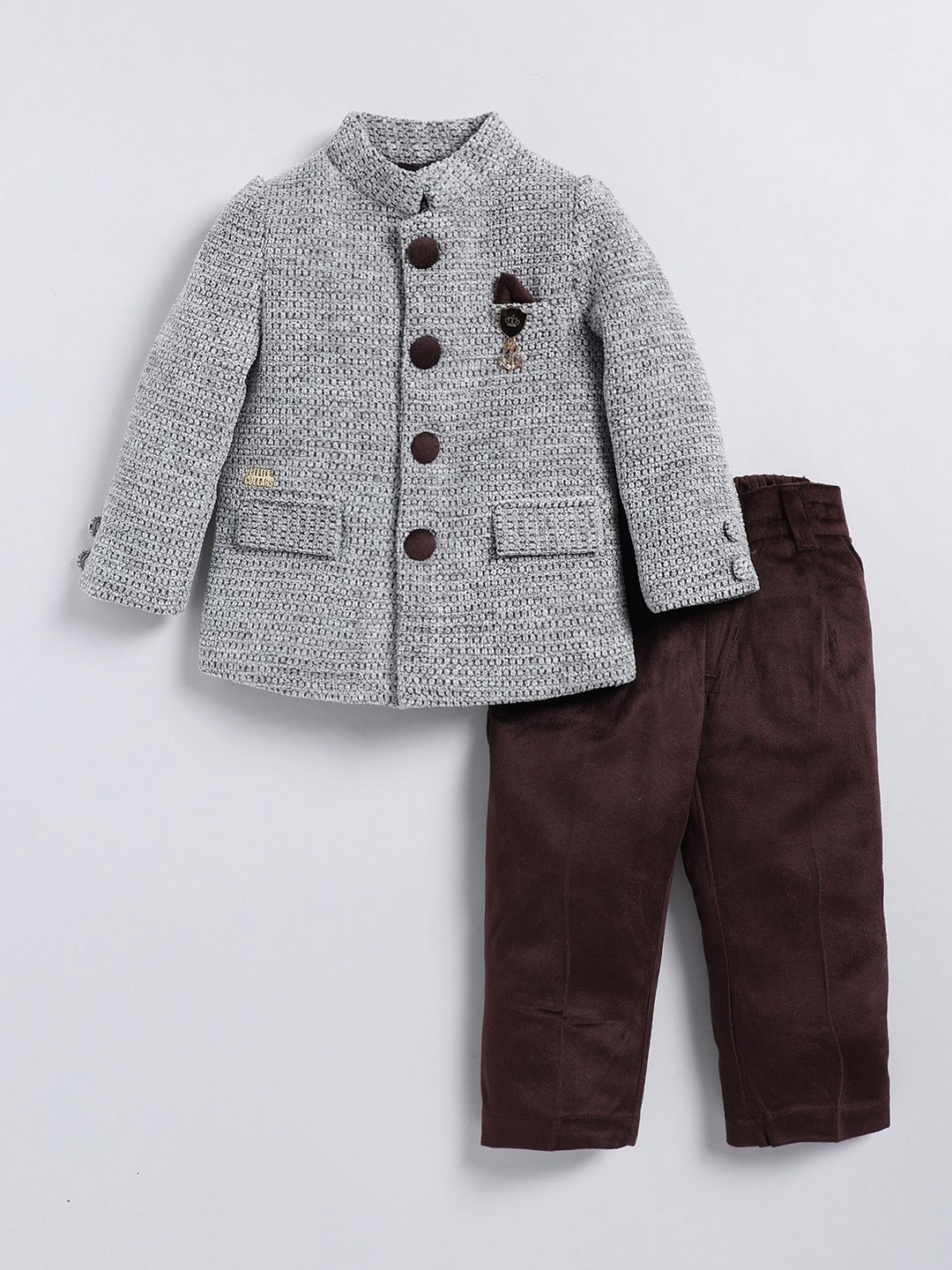 

LITTLE COLLARS Single-Breasted Bandhgala Two-Piece Suit, Coffee brown