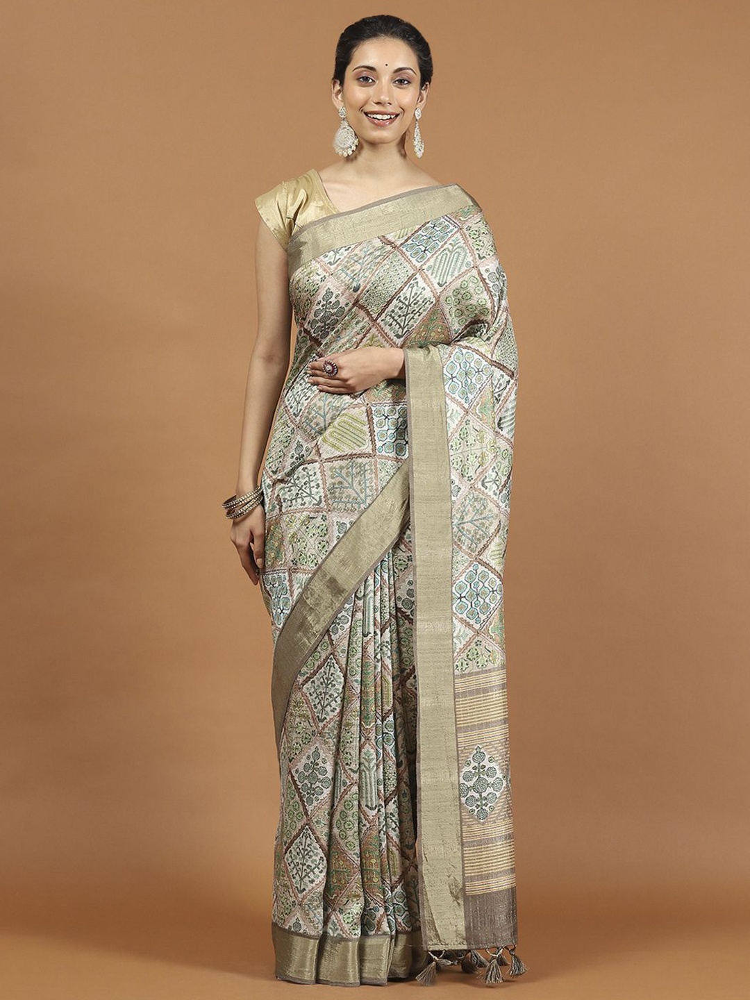

Meena Bazaar Art Silk Tussar Saree, Green