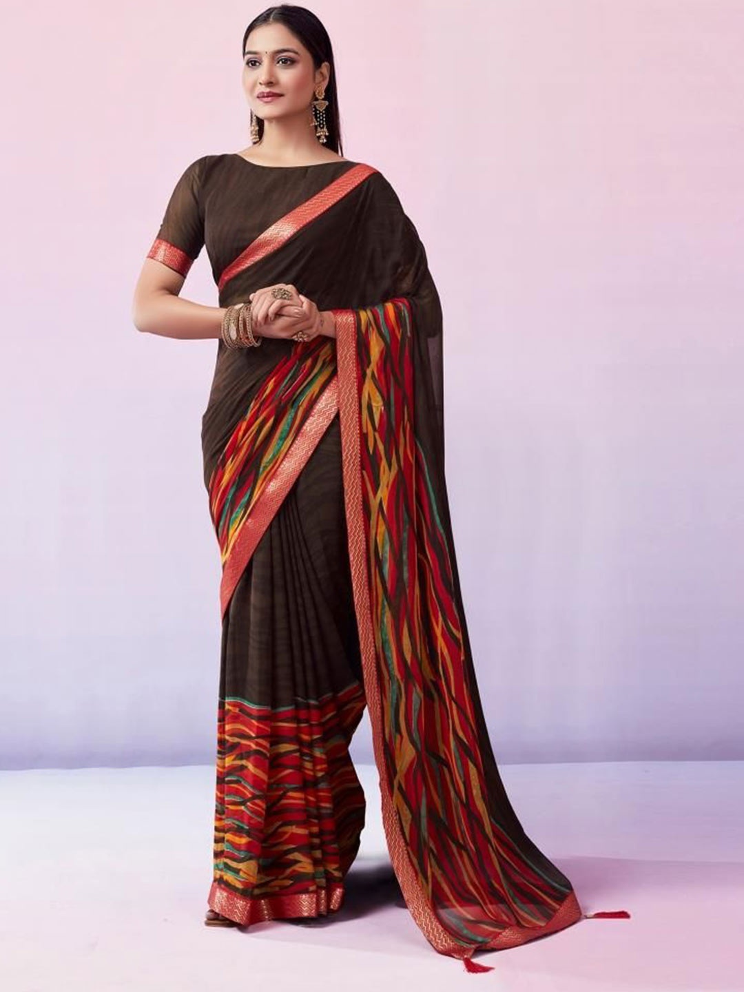 

Styleveda Pure Georgette Leheriya Saree, Brown