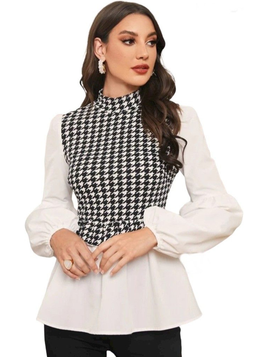 

NiloBerry Print Puff Sleeve Cinched Waist Crop Top, Black