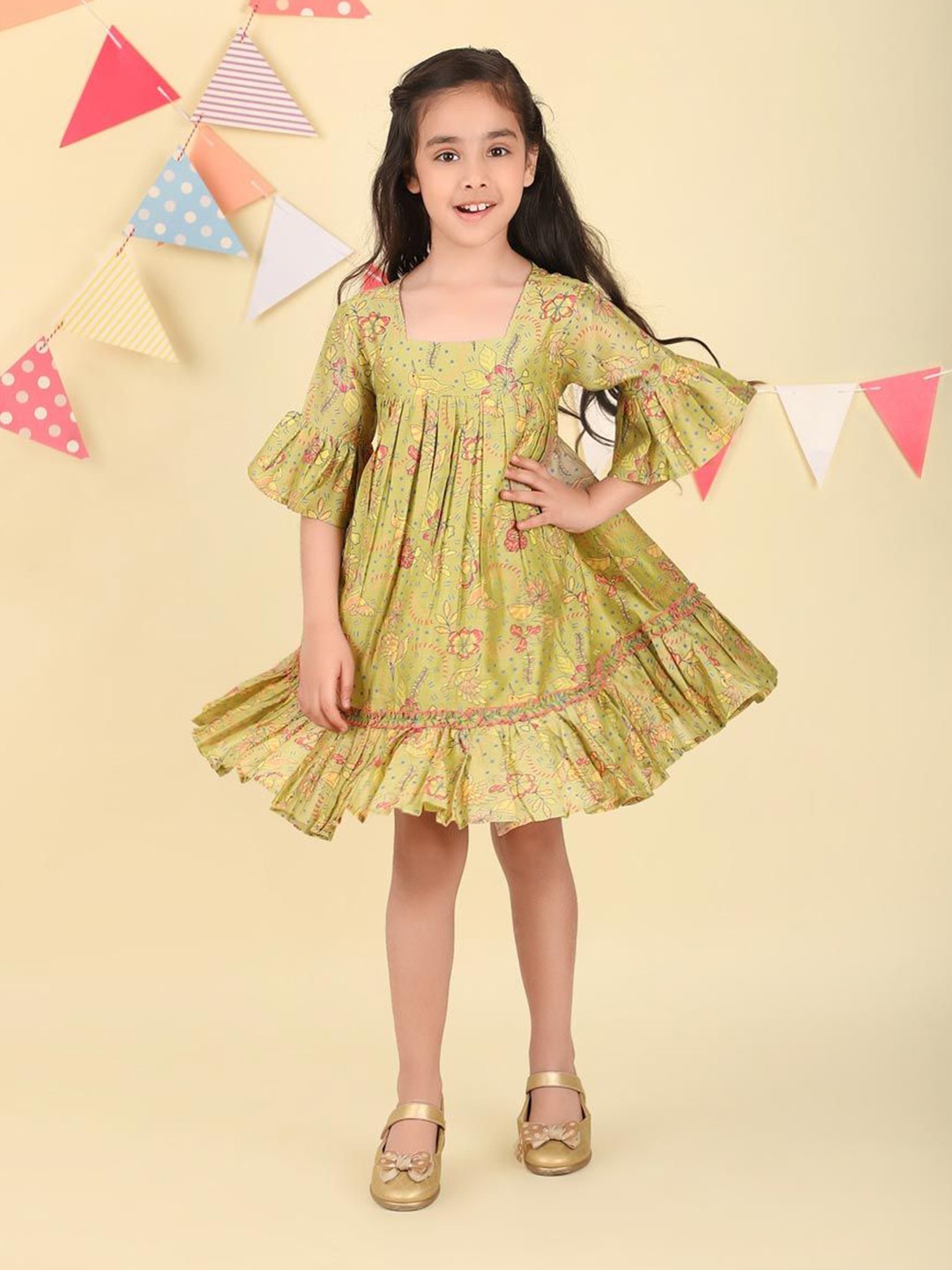 

Fabindia Tropical Print Bell Sleeve A-Line Dress, Green