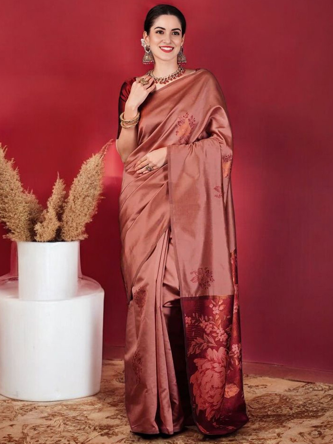 

KALINI Woven Design Zari Silk Blend Banarasi Saree, Peach