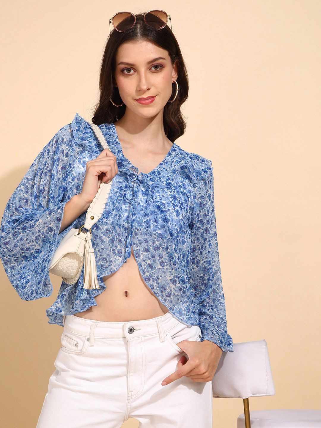 

Fashfun Floral Print Bell Sleeve Ruffles Chiffon Crop Top, Blue