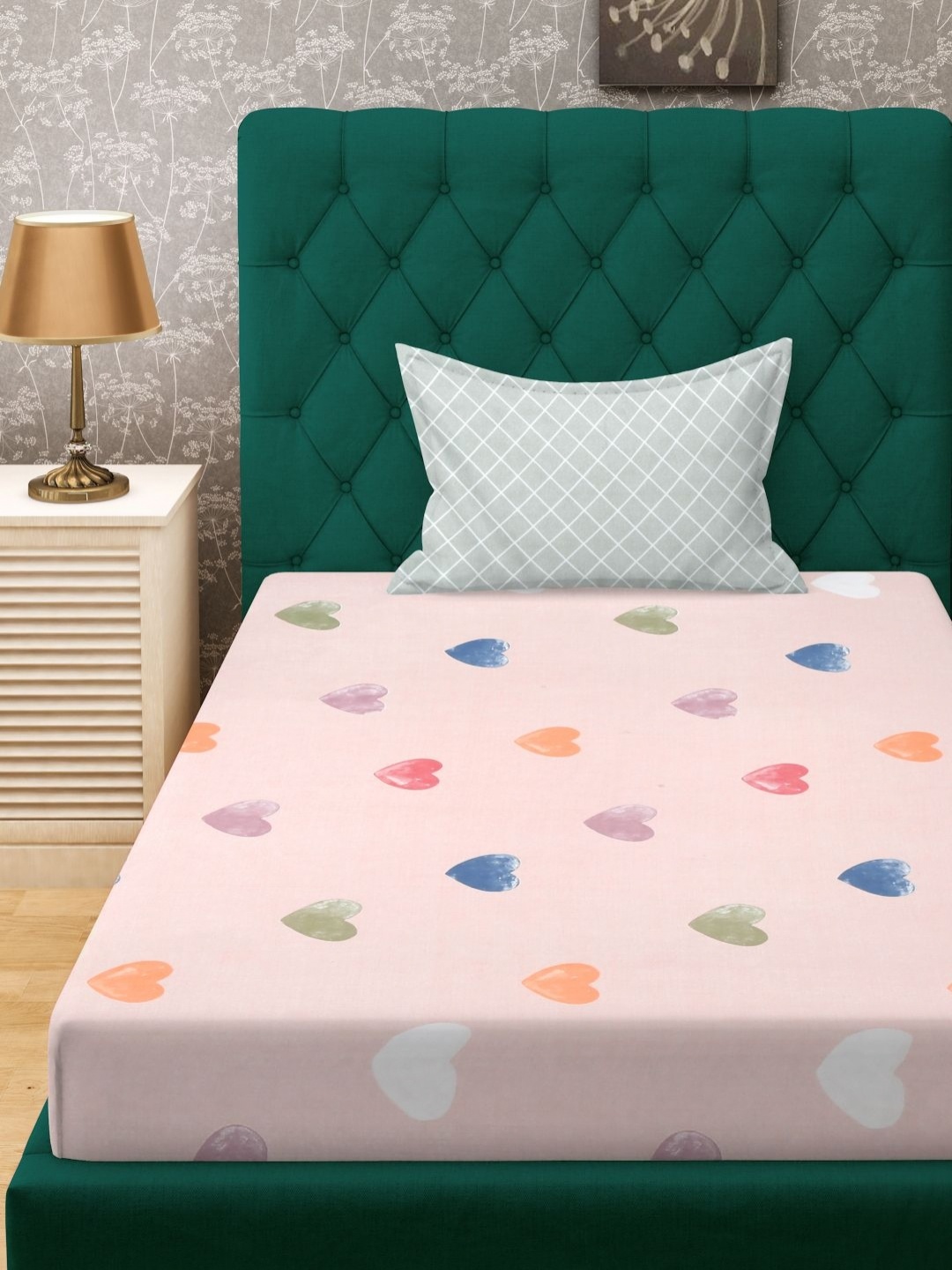 

KLOTTHE Pink & Blue Heart Printed 300 TC Fitted Single Bedsheet - 2.25 m x 1.50 m