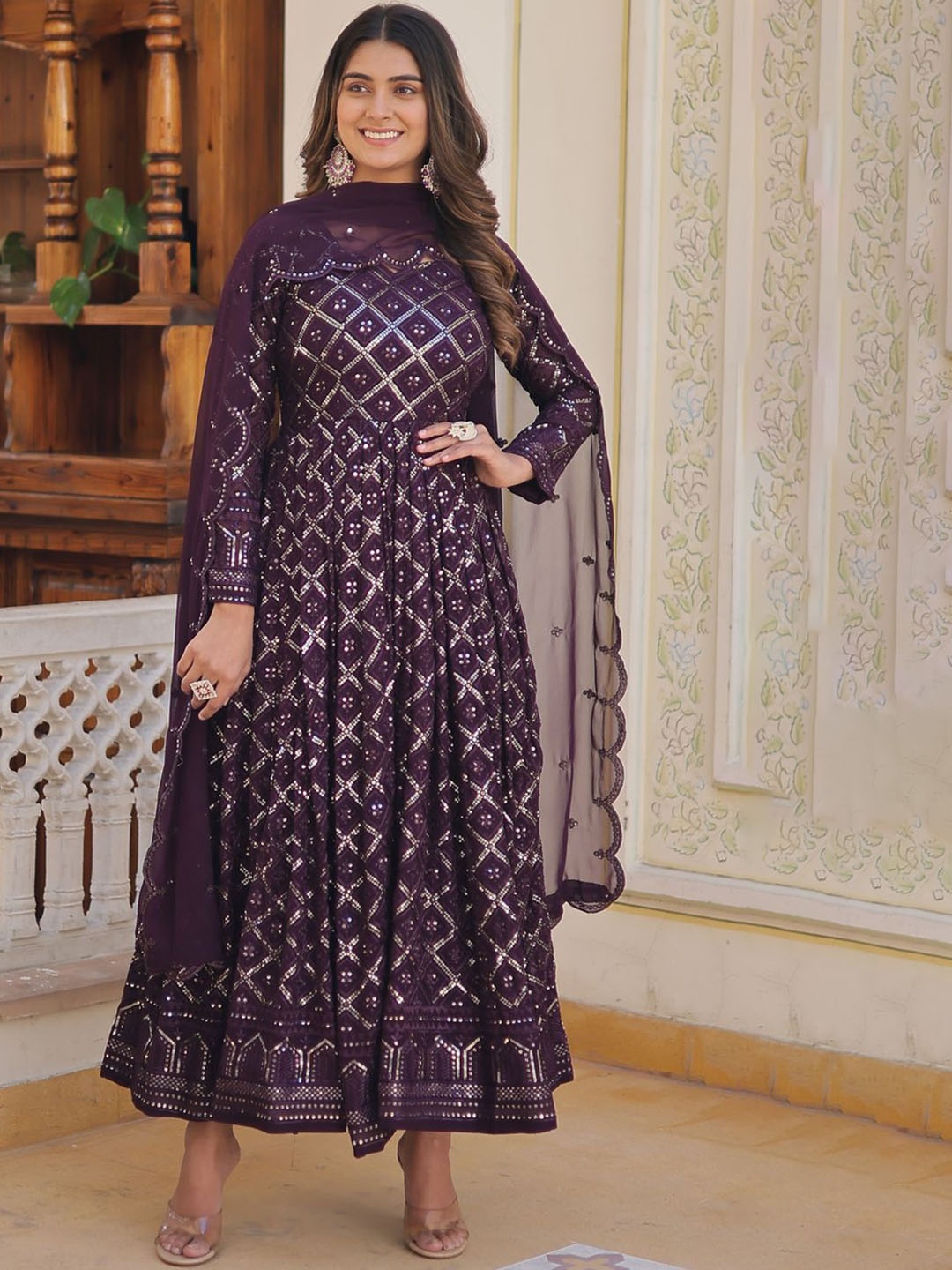 

Anara Women Ethnic Motifs Embroidered Mirror Work Georgette Anarkali Kurta, Purple
