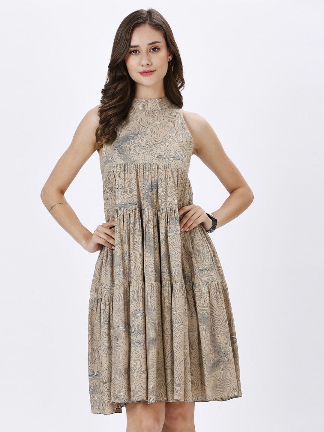

15 BUTTONS Print Halter Neck Fit & Flare Dress, Beige