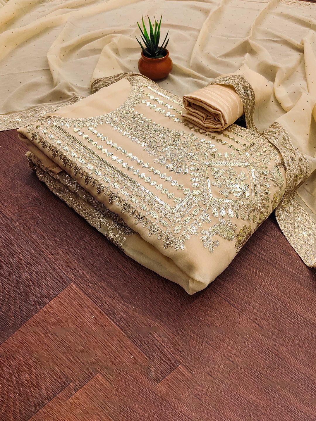

SHADOW & SAINING Embroidered Silk Georgette Unstitched Dress Material, Beige