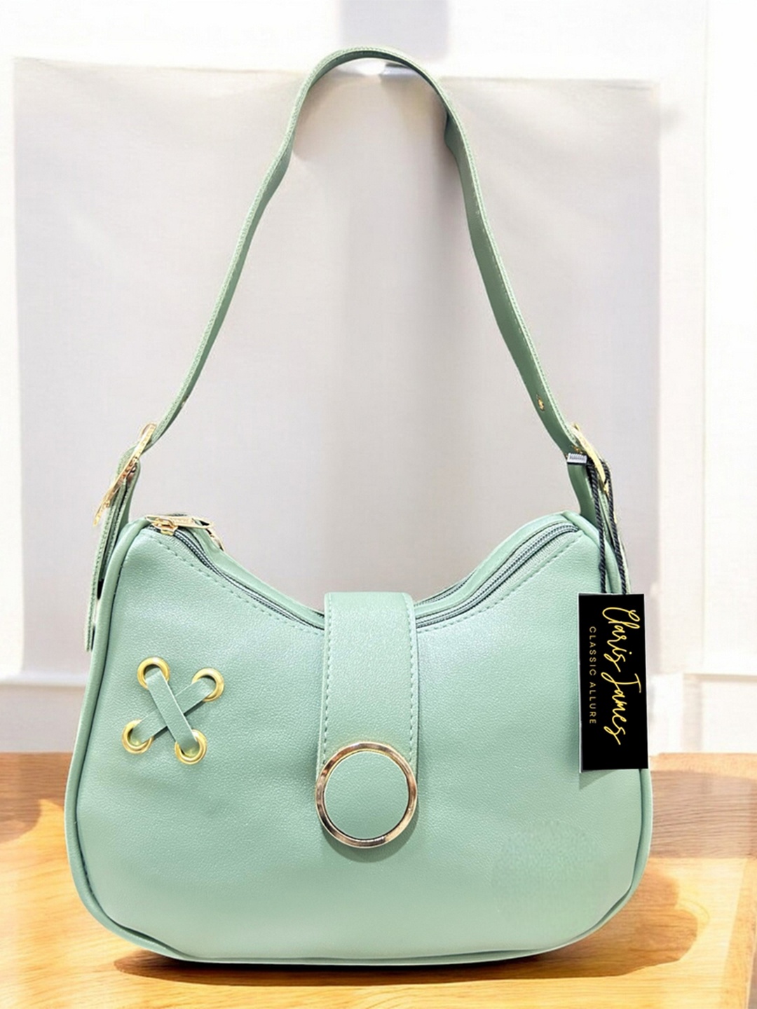 

CLARIS JAMES Geometric PU Half Moon Sling Bag, Green