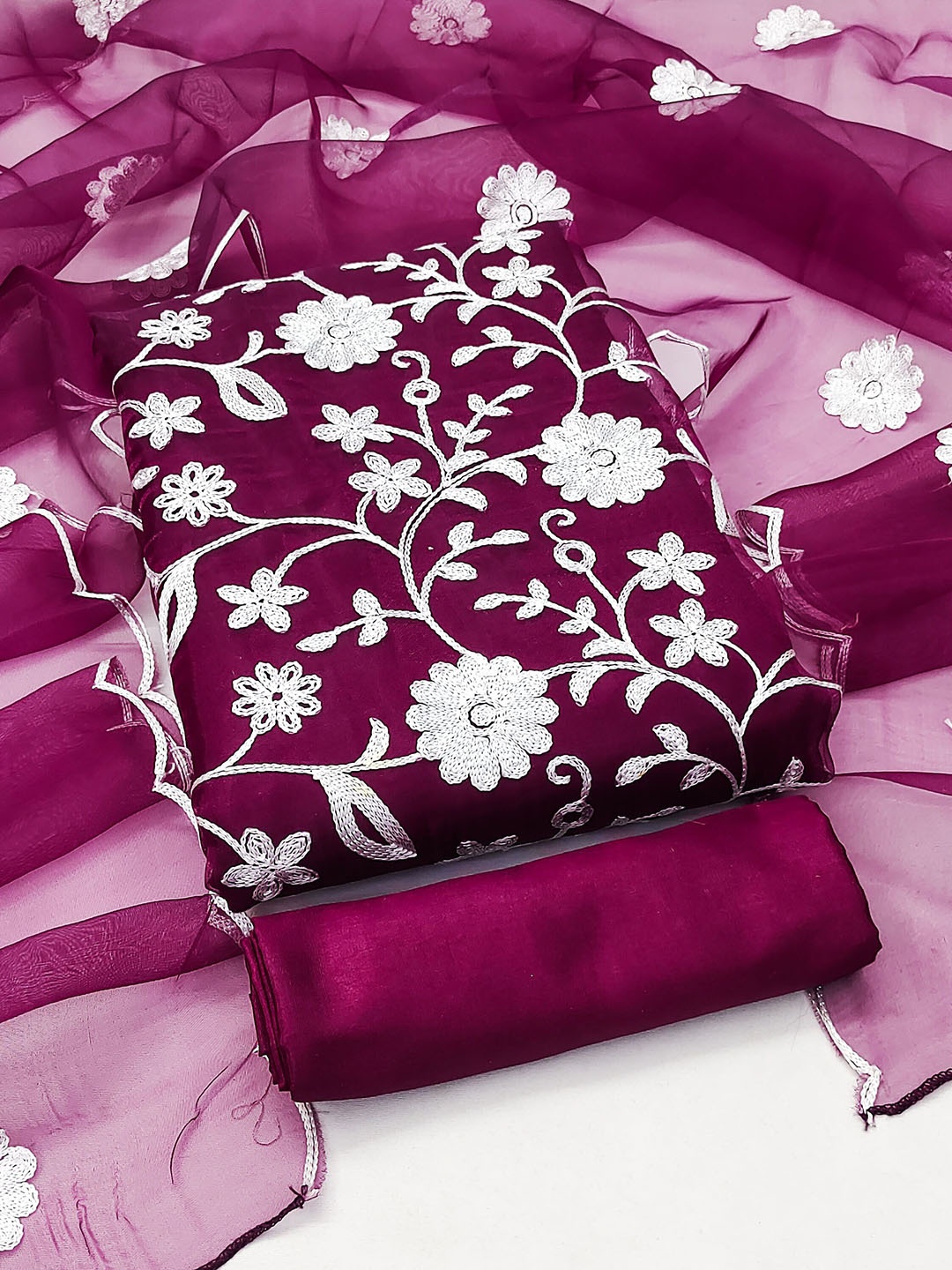 

SHADOW & SAINING Embroidered Organza Unstitched Dress Material, Magenta
