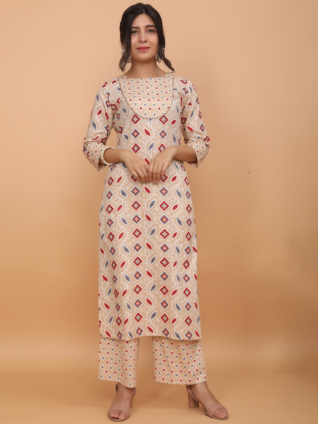 

BABRU Women Ethnic Motifs Printed Regular Pure Cotton Kurta with Palazzos, Cream