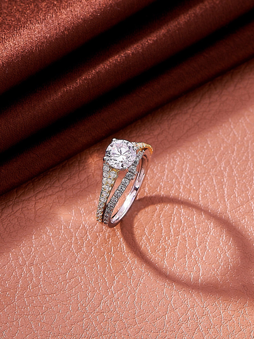 

Nipura 925 Sterling Silver Rhodium-Plated CZ Studded Two-in-One Solitaire Finger Ring