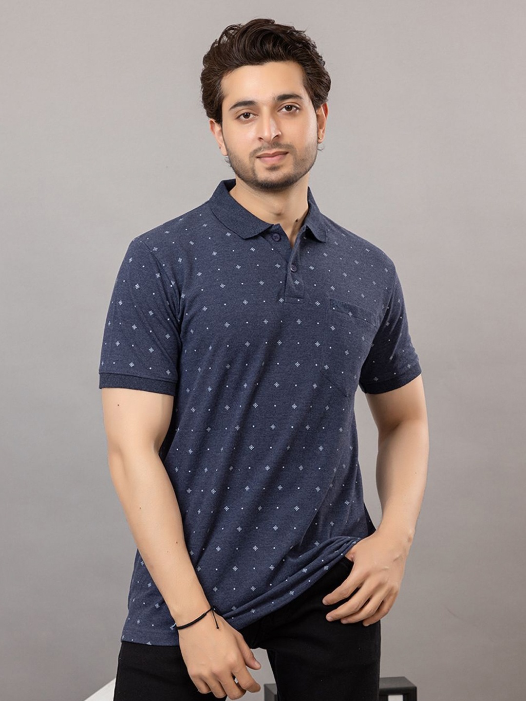 

ARMENOR Men Printed Polo Collar Pockets T-shirt, Navy blue