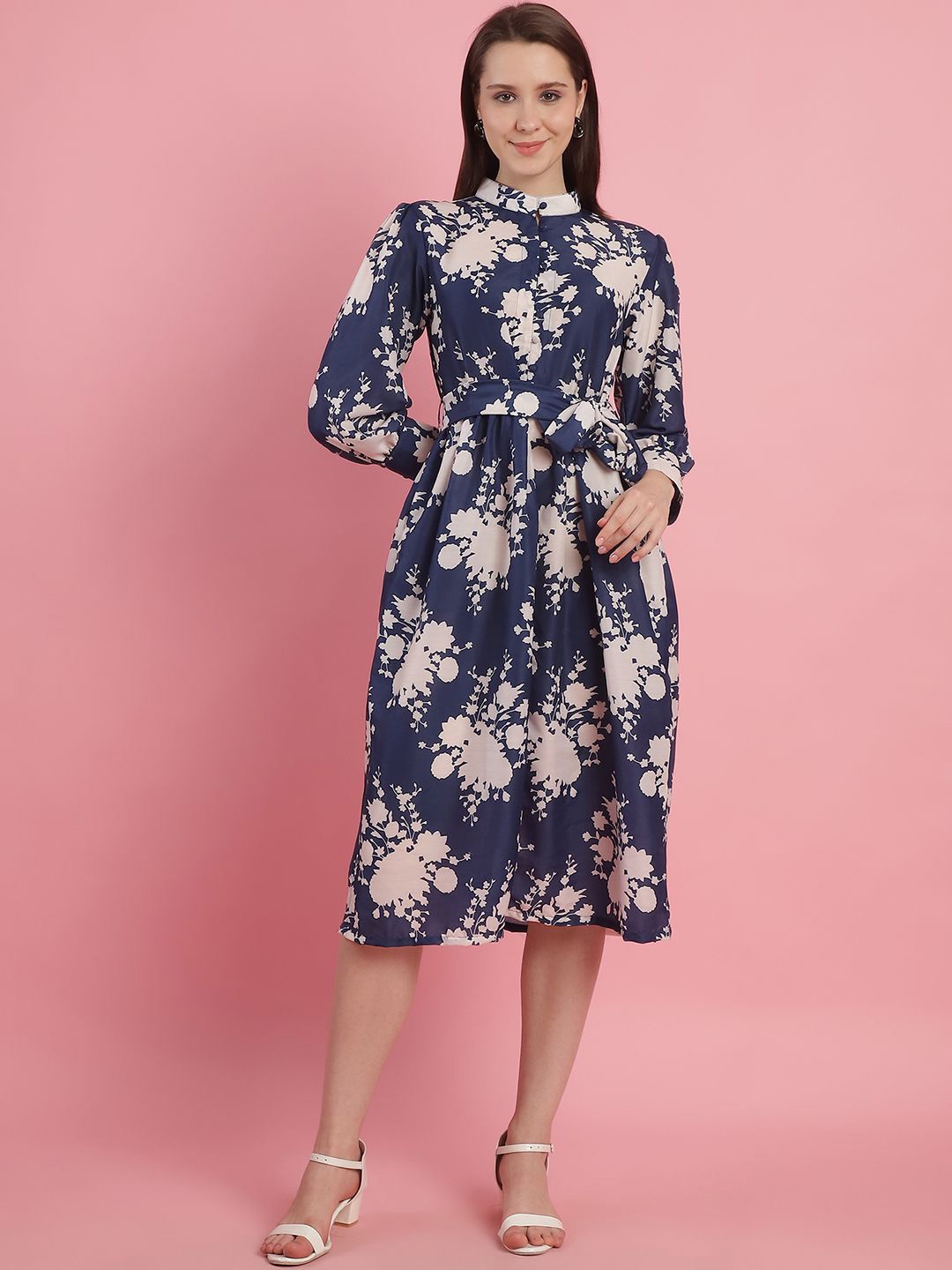 

JAKANARY Floral Print Crepe A-Line Midi Dress, Navy blue