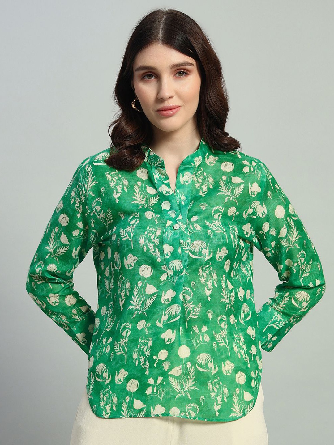 

GIN & CHAI Floral Print Mandarin Collar Cotton Top, Green