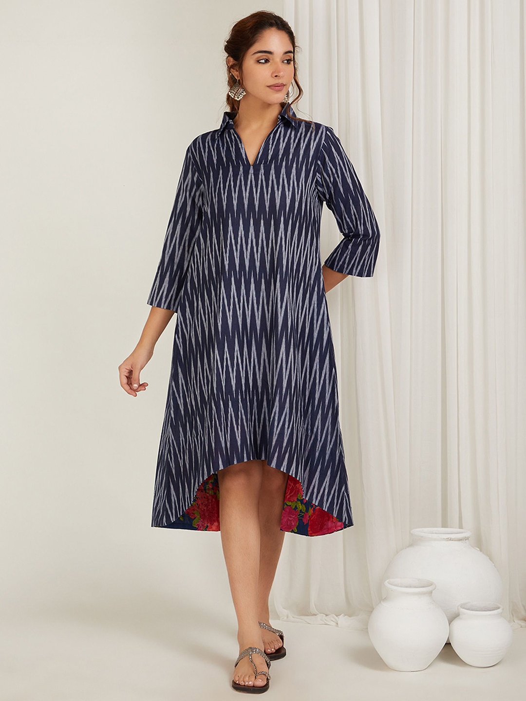 

CYAN Print A-Line Midi Dress, Navy blue