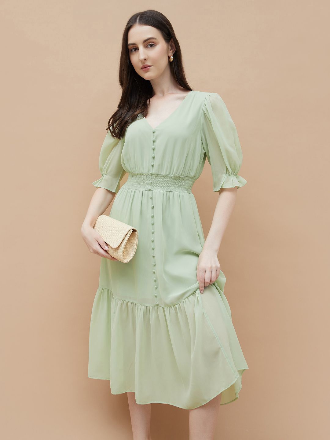 

CODE by Lifestyle Puff Sleeve A-Line Midi Dress, Green