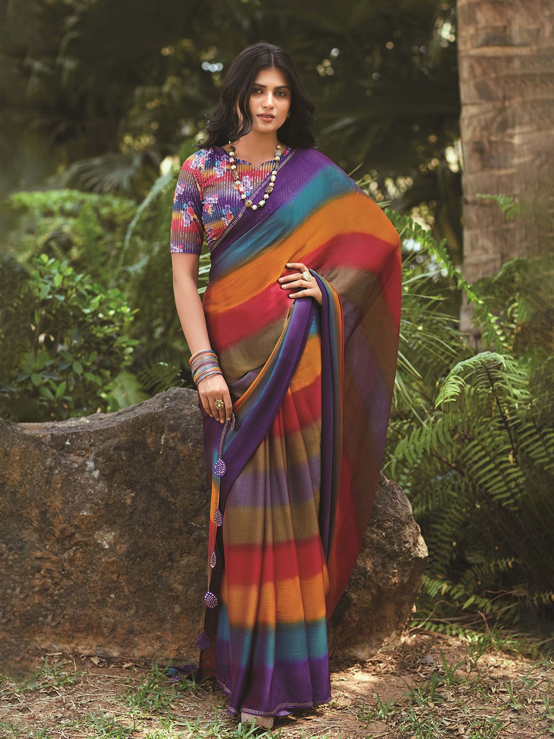 

LeeliPeeri Designer Striped Poly Chiffon Saree, Purple