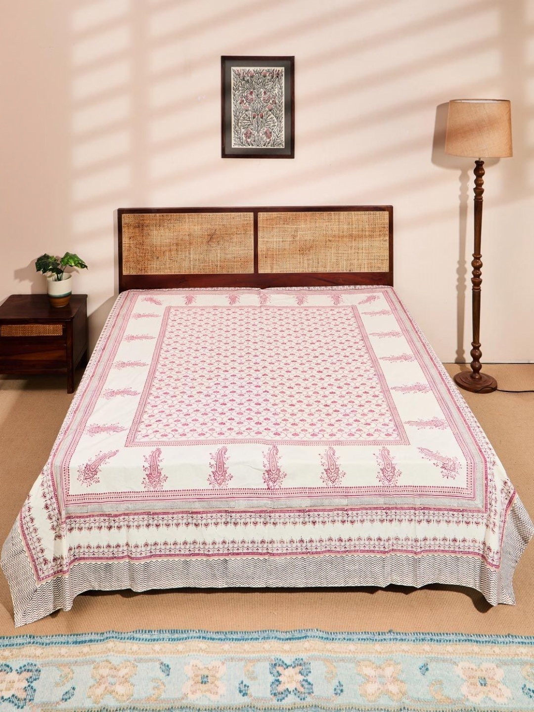 

Fabindia Pink & White Printed Cotton Double King Bed Cover