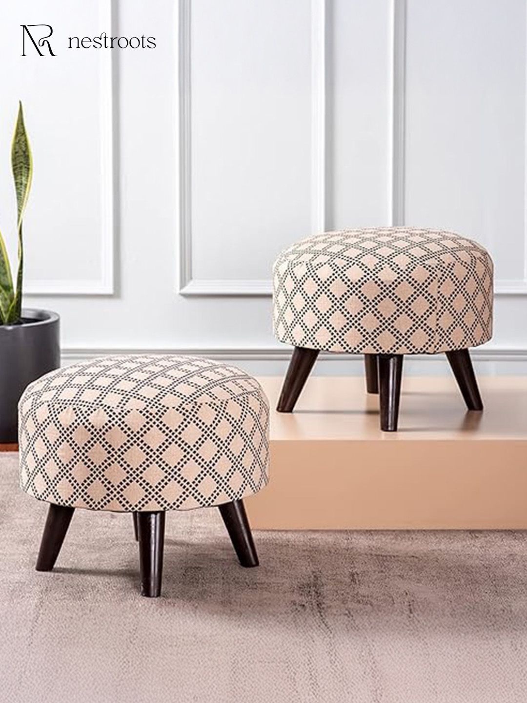 

nestroot Cream & Black Quad Jacquard Wooden Ottoman