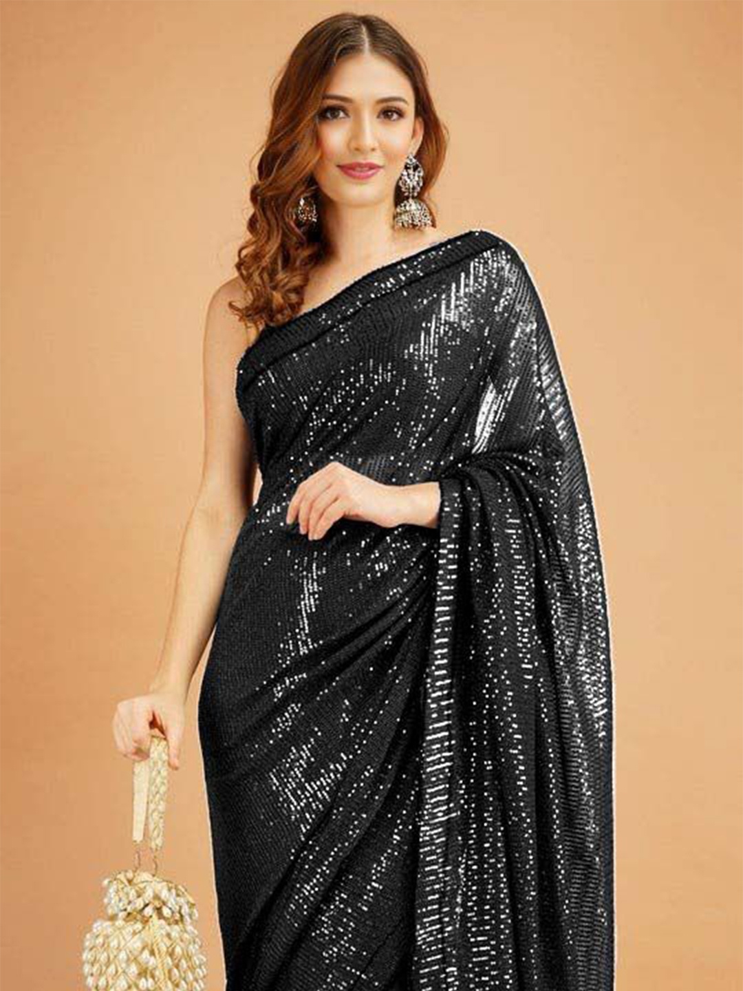 

ANJANI TEXTILE Embellished Sequinned Poly Georgette Heavy Work Saree, Black