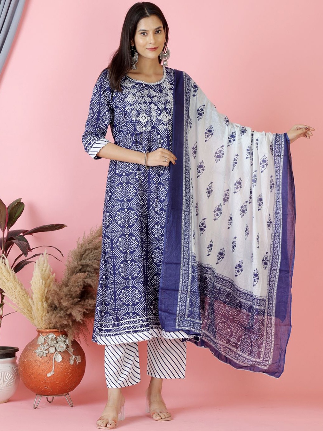 

Moda Rapido Women Bandhani Printed Regular Mirror Work Kurta with Palazzos & With Dupatta, Blue
