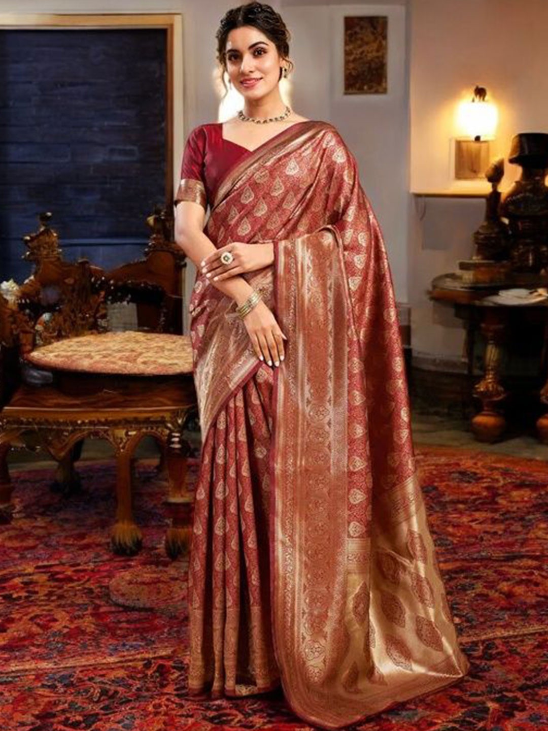 

KALINI Woven Design Zari Silk Blend Banarasi Saree, Maroon