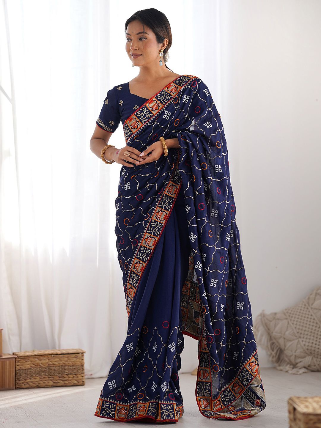 

Satrani Embellished Embroidered Pure Silk Tussar Saree, Navy blue