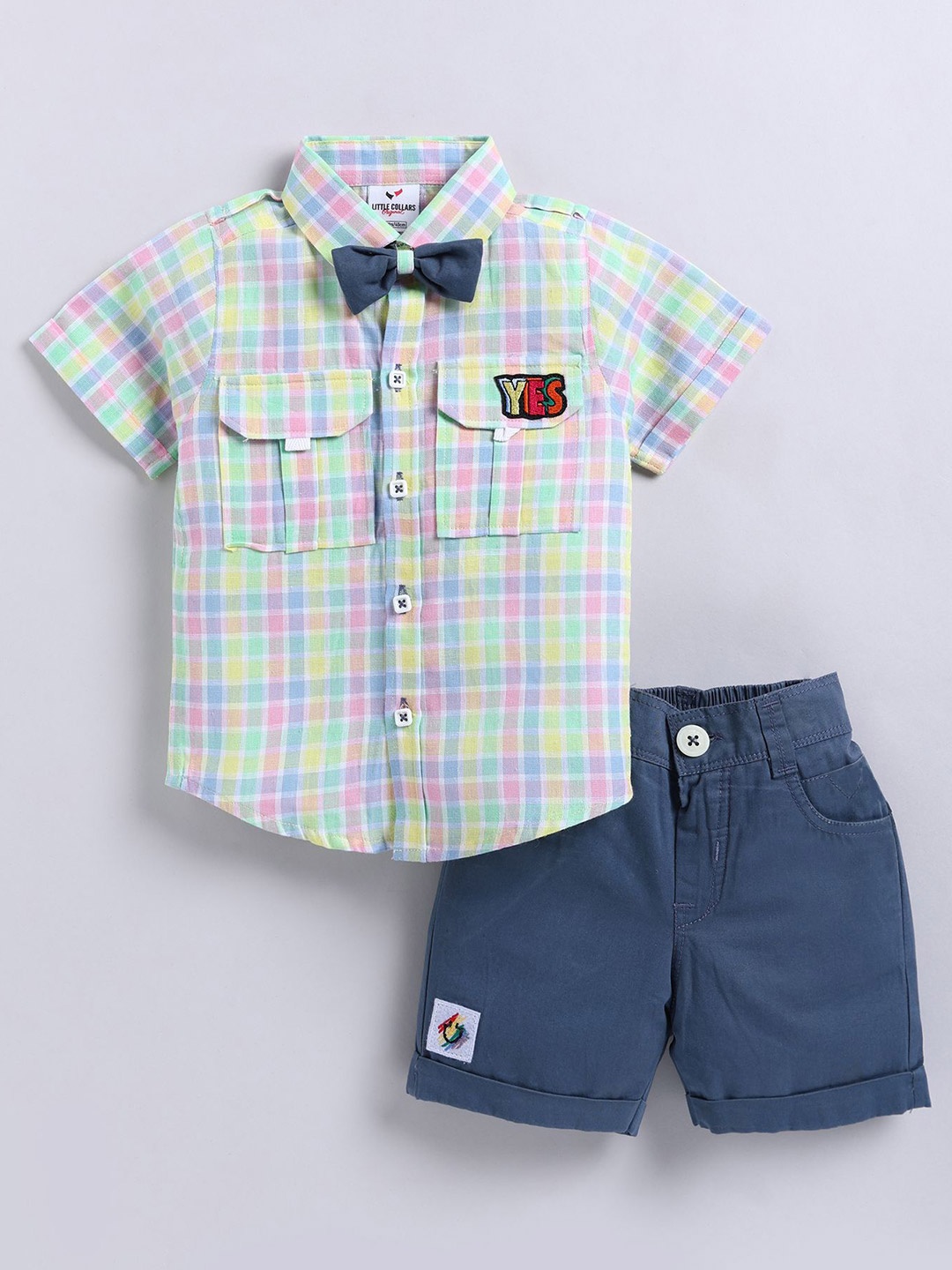 

LITTLE COLLARS Boys Checked Shirt with Shorts, Blue