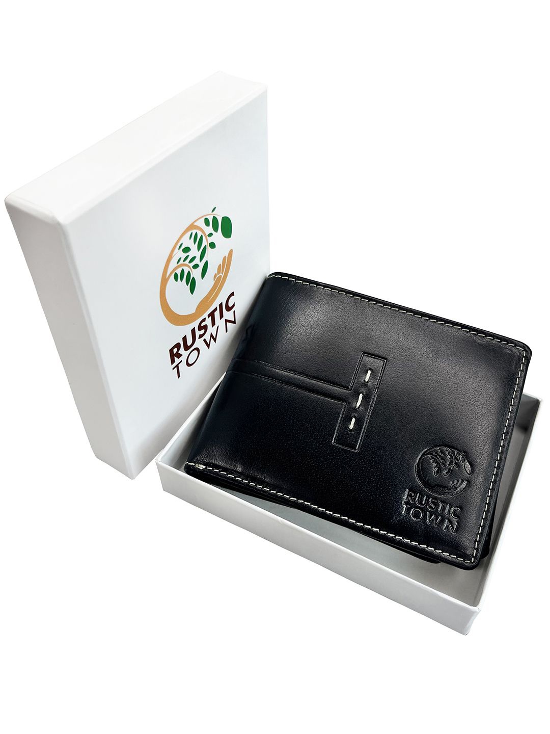 

RUSTIC TOWN Men Leather Two Fold Wallet, Black