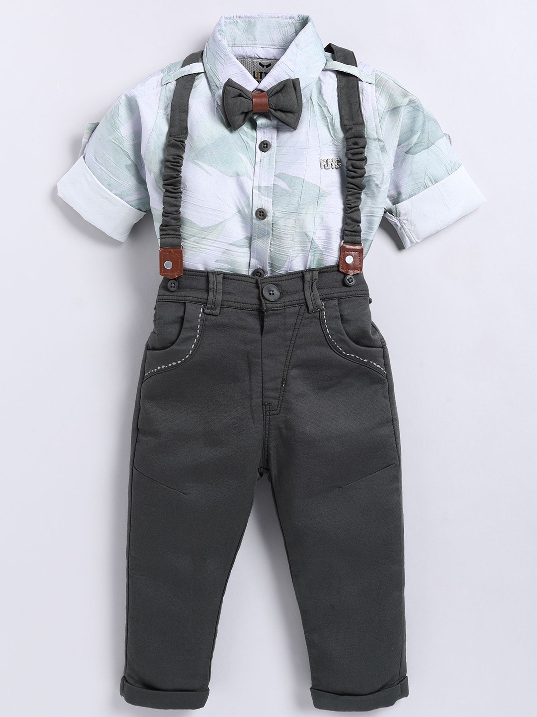 

LITTLE COLLARS Boys Printed Shirt with Trousers, Green