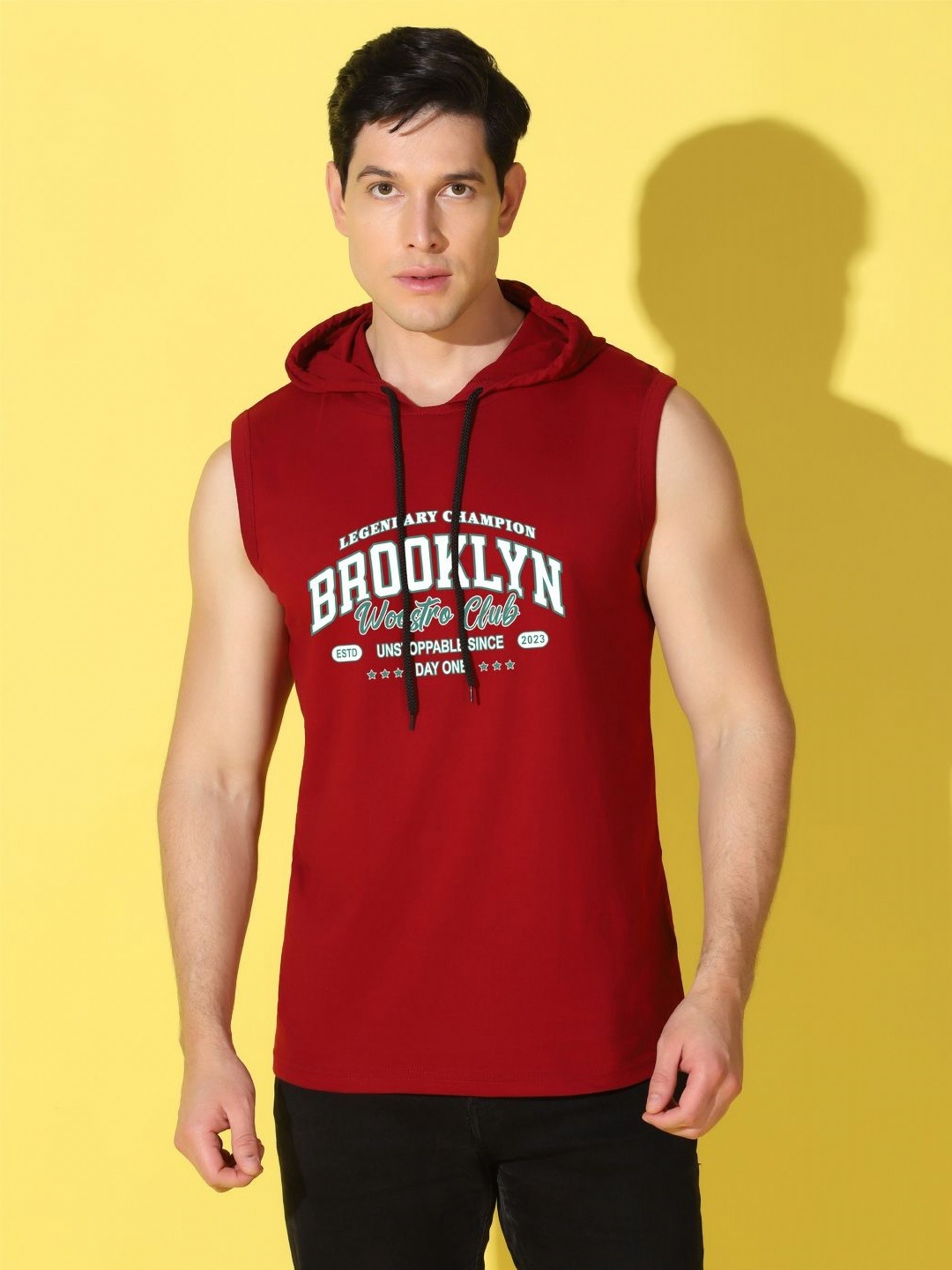 

WOOSTRO Men Typography Printed Hooded Slim Fit T-shirt, Maroon