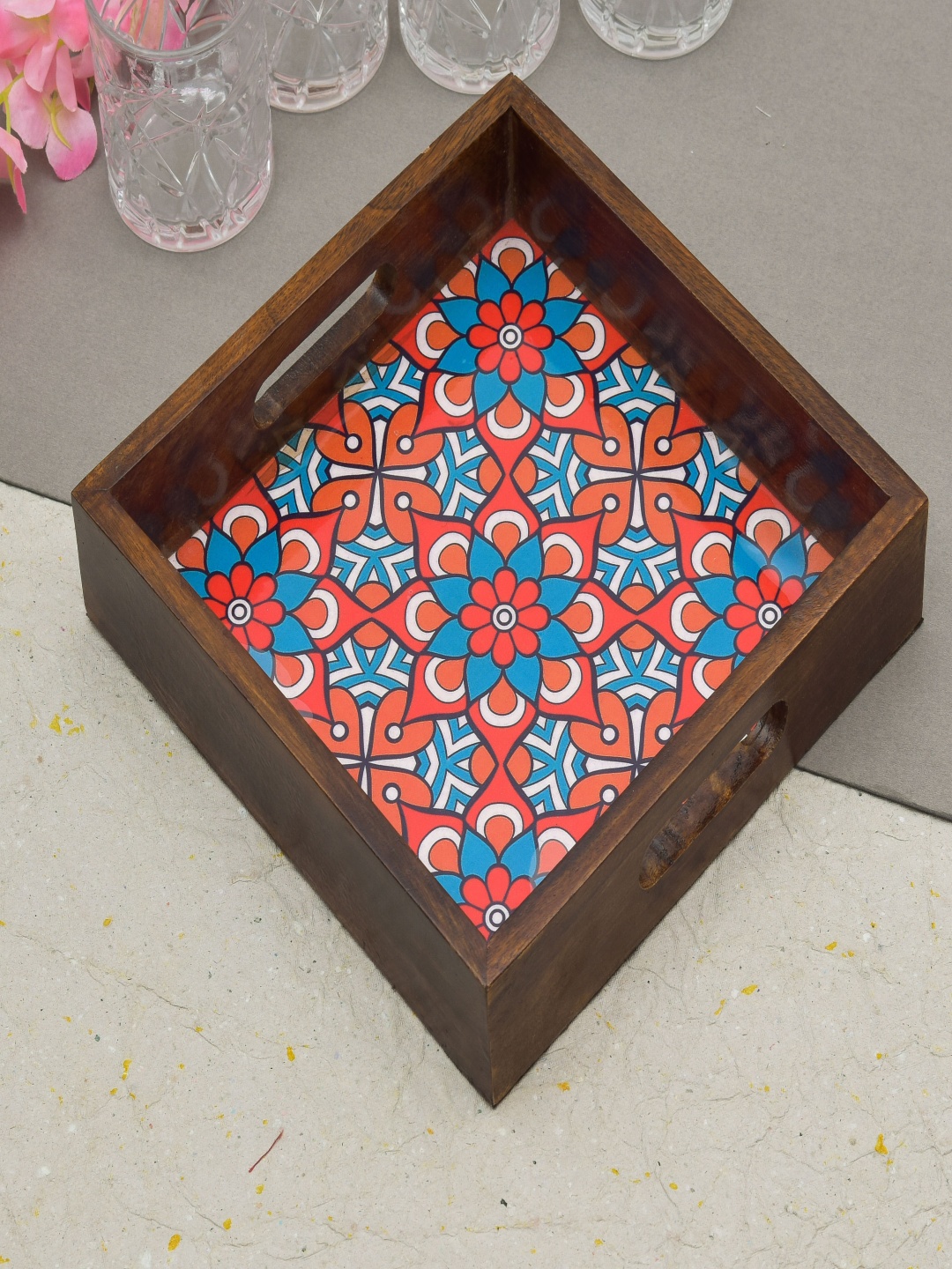 

oggn Blue & Brown Wooden Serving Tray