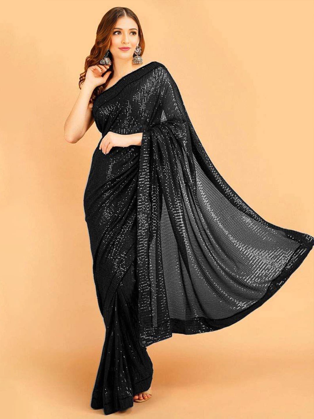 

ANJANI TEXTILE Embellished Sequinned Poly Georgette Heavy Work Saree, Black