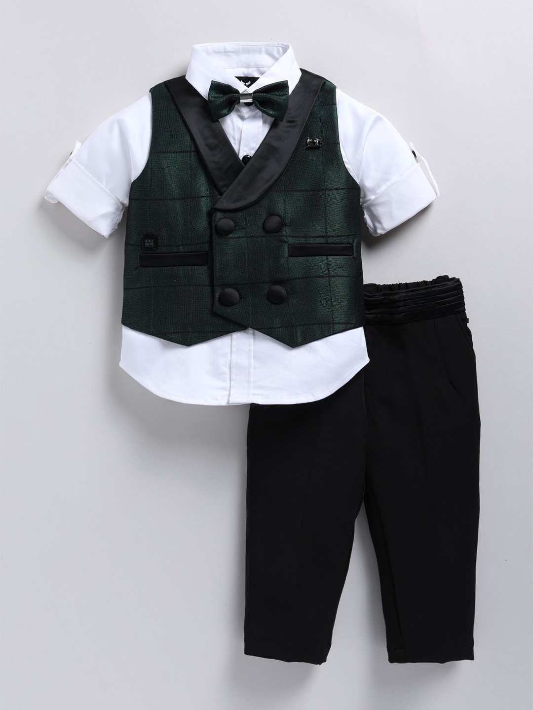 

LITTLE COLLARS Boys Checked Jacquard Double-Breasted Four-Piece Suit, Green