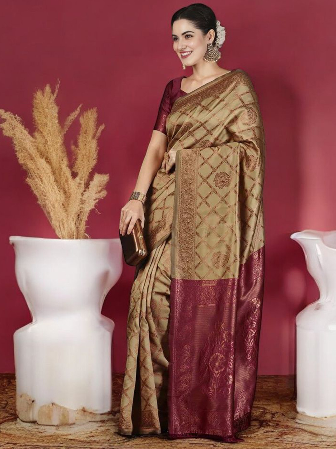 

KALINI Woven Design Zari Silk Blend Banarasi Saree, Beige